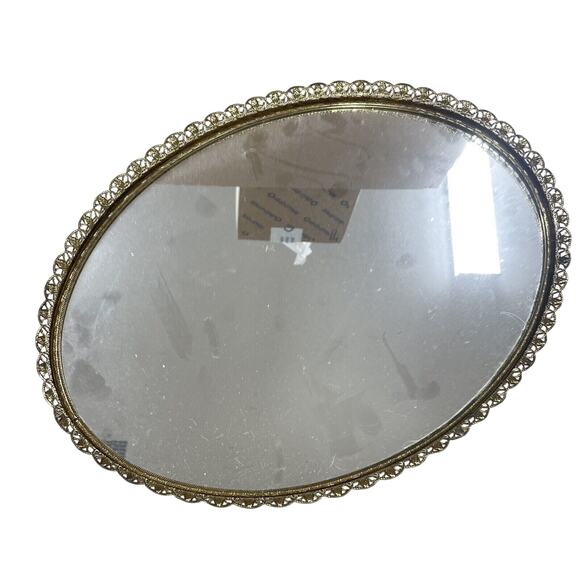Vintage Oval Gold Floral Filigree Mirrored Vanity Tray Mirror 12x17 MCM -LN - Picture 2 of 5